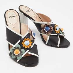 Pre Owned Fendi Black/White Leather Embellished Flowerland Slide Sandals Size 37