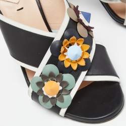Pre Owned Fendi Black/White Leather Embellished Flowerland Slide Sandals Size 37