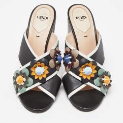 Pre Owned Fendi Black/White Leather Embellished Flowerland Slide Sandals Size 37