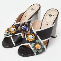 Pre Owned Fendi Black/White Leather Embellished Flowerland Slide Sandals Size 37
