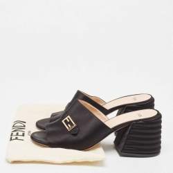Fendi Black Satin FF Buckle Block Heel Slide Sandals Size 41
