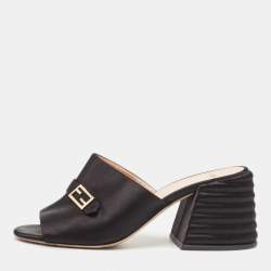 Fendi Black Satin FF Buckle Block Heel Slide Sandals Size 41