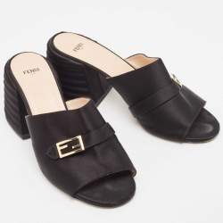 Fendi Black Satin FF Buckle Block Heel Slide Sandals Size 41