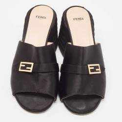 Fendi Black Satin FF Buckle Block Heel Slide Sandals Size 41