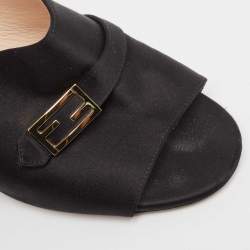Fendi Black Satin FF Buckle Block Heel Slide Sandals Size 41