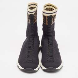Fendi Black Knit Fabric Rockoko High Top Sneakers Size 38    
