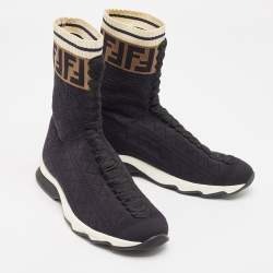 Fendi Black Knit Fabric Rockoko High Top Sneakers Size 38    