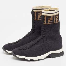 Fendi Black Knit Fabric Rockoko High Top Sneakers Size 38    