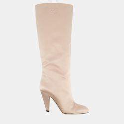 Fendi Blush Pink Satin Knee High Boots with Embroidered FF Logo Size EU 39