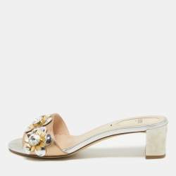 Fendi Metallic Leather Crystal Embellished Flowerland Slide Sandals Size 37