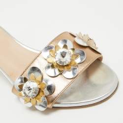 Fendi Metallic Leather Crystal Embellished Flowerland Slide Sandals Size 37