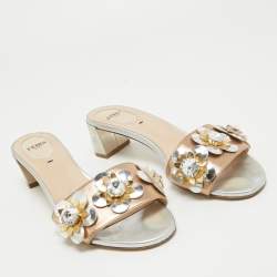 Fendi Metallic Leather Crystal Embellished Flowerland Slide Sandals Size 37