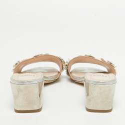 Fendi Metallic Leather Crystal Embellished Flowerland Slide Sandals Size 37