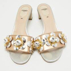 Fendi Metallic Leather Crystal Embellished Flowerland Slide Sandals Size 37