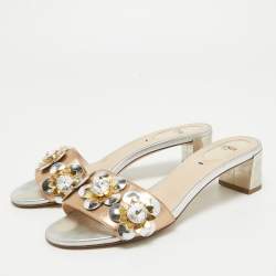 Fendi Metallic Leather Crystal Embellished Flowerland Slide Sandals Size 37