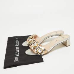 Fendi Metallic Leather Crystal Embellished Flowerland Slide Sandals Size 37
