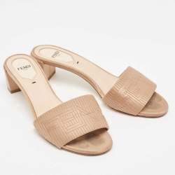 Pre Owned Fendi Beige Satin Logo Embroidered Slide Sandals Size 37