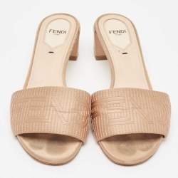 Pre Owned Fendi Beige Satin Logo Embroidered Slide Sandals Size 37