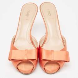 Fendi Orange Satin Bow Slide Sandals Size 40.5