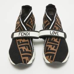 Pre Owned Fendi Black/Tobacco Zucca Knit Fabric Rockoko Sneakers Size 37