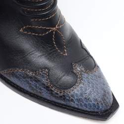 Pre Owned Fendi Black Leather and Snakeskin Patchwork Cowboy Mid Calf Boots Size 37