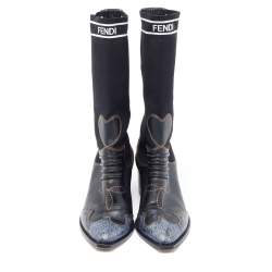 Pre Owned Fendi Black Leather and Snakeskin Patchwork Cowboy Mid Calf Boots Size 37