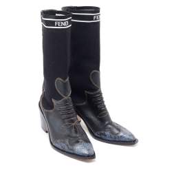 Pre Owned Fendi Black Leather and Snakeskin Patchwork Cowboy Mid Calf Boots Size 37