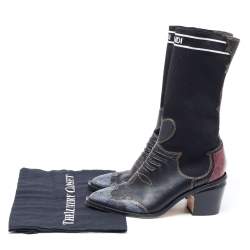 Pre Owned Fendi Black Leather and Snakeskin Patchwork Cowboy Mid Calf Boots Size 37