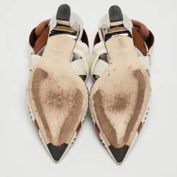 Pre Owned حذاء كعب عالي فندي كوليبري كانفاس وجلد مثقب أبيض / أسود بحزام كاحل مقاس 38.5