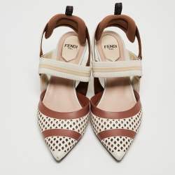 Pre Owned حذاء كعب عالي فندي كوليبري كانفاس وجلد مثقب أبيض / أسود بحزام كاحل مقاس 38.5