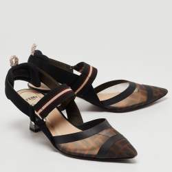 Pre Owned Fendi Brown/Black Zucca Mesh and Leather Colibri Slingback Pumps Size 37