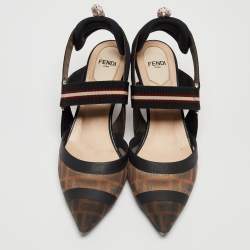 Pre Owned Fendi Brown/Black Zucca Mesh and Leather Colibri Slingback Pumps Size 37