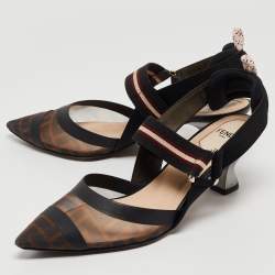 Pre Owned Fendi Brown/Black Zucca Mesh and Leather Colibri Slingback Pumps Size 37