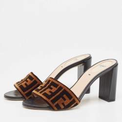 Pre Owned Fendi Brown/Black Velvet Logo  Slide Sandals Size 38