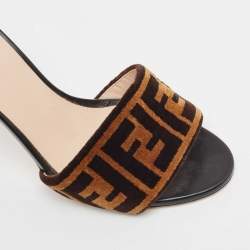 Pre Owned Fendi Brown/Black Velvet Logo  Slide Sandals Size 38