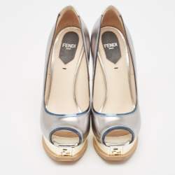 Pre Owned Fendi Metallic Leather Fendista Peep Toe Pumps Size 37.5