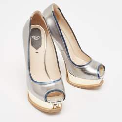 Pre Owned Fendi Metallic Leather Fendista Peep Toe Pumps Size 37.5