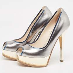 Pre Owned Fendi Metallic Leather Fendista Peep Toe Pumps Size 37.5