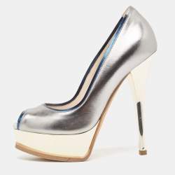 Pre Owned Fendi Metallic Leather Fendista Peep Toe Pumps Size 37.5