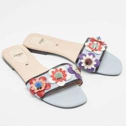 Pre Owned Fendi Multicolor Leather Flowerland Flat Slides Size 37 