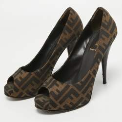 Fendi Brown Zucca Canvas Open Toe Pumps Size 39.5