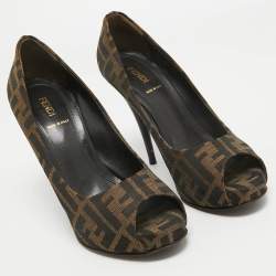 Fendi Brown Zucca Canvas Open Toe Pumps Size 39.5