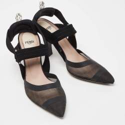 مملوكة مسبقًا Fendi Black Zucca Mesh and Canvas Colibri Slingback Pumps Size 38