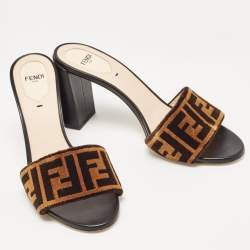 Pre Owned Fendi Brown/Beige Zucca Velvet Slide Sandals Size 39.5