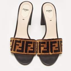 Pre Owned Fendi Brown/Beige Zucca Velvet Slide Sandals Size 39.5