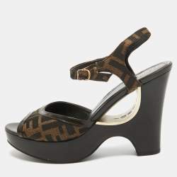Fendi Brown Zucca Canvas Wedge Platform Ankle Strap Sandals Size 39.5