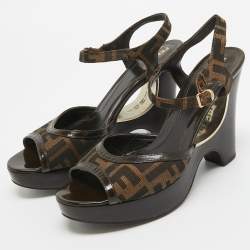 Fendi Brown Zucca Canvas Wedge Platform Ankle Strap Sandals Size 39.5