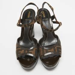 Fendi Brown Zucca Canvas Wedge Platform Ankle Strap Sandals Size 39.5