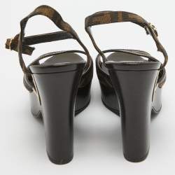 Fendi Brown Zucca Canvas Wedge Platform Ankle Strap Sandals Size 39.5