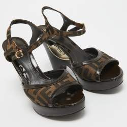 Fendi Brown Zucca Canvas Wedge Platform Ankle Strap Sandals Size 39.5